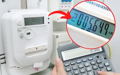 Cyfrowy licznik energii elektrycznej pokazuje 2005.649 kW. Kalkulator obok ułatwia odczytanie danych.