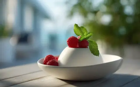 Délicieux panna cotta framboise, garni de fruits rouges frais et d'une touche de menthe, prêt à être dégusté.