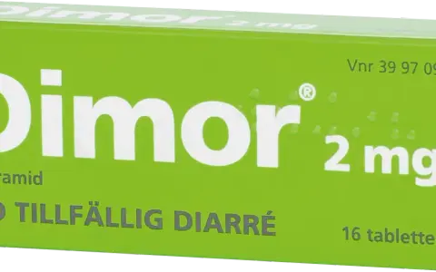 Dimor 2 mg, ett medicin mot magsjuka, lindrar tillfällig diarré. Förpackningen innehåller 16 tabletter.