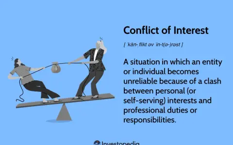 Two people on a seesaw pull a bag of money, illustrating conflict of interest policy examples.