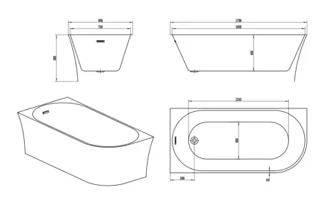 Disegni tecnici di una vasca da bagno con indicazioni sulle dimensioni: lunghezza 1700 mm, larghezza 800 mm, altezza 580 mm.