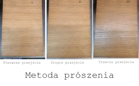 Trzy próbki drewna po kolejnych etapach szlifowania. Widać różnicę w strukturze i kolorze po każdym przejściu.