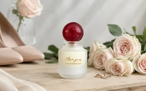 Eleganckie perfumy na ślub, obok róż i obrączek. Idealny zapach na ten wyjątkowy dzień.