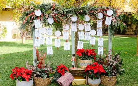 Decoración boda civil sencilla y barata: mesa de invitados con tarjetas colgando de ramas y adornos navideños.
