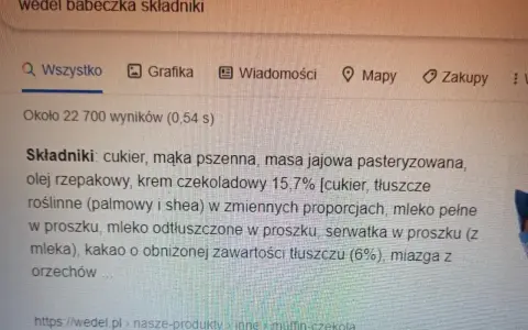 Szukasz informacji, ile kcal ma babeczka Wedel? Na ekranie widać składniki tej słodkości: cukier, mąka, krem czekoladowy.