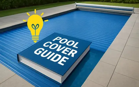 En bok om poolskydd ligger på en täckt rund pool. En glödlampa symboliserar en bra idé för din pooltrappa.