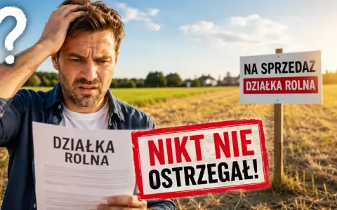 Zdezorientowany mężczyzna trzyma dokument "Działka rolna" na tle pola. Obok znak "Na sprzedaż działka rolna" i czerwony napis "Nikt nie ostrzegał!". Teren zabudowany.