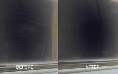 Before and after comparison of a scratched acrylic surface. The "before" shows many scratches, proving acrylic can scratch easily. The "after" shows a smooth, clear surface.