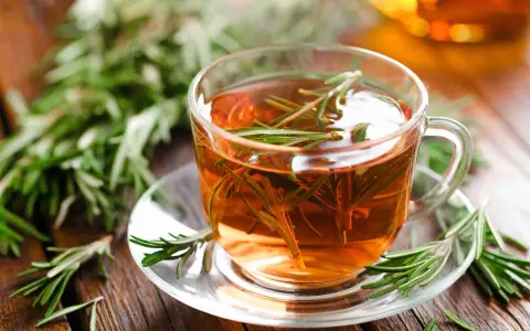 Une tasse de tisane romarin, avec des brins de romarin frais sur la soucoupe et en arrière-plan.