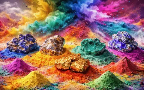 Des roches colorées reposent sur des tas de pigments organiques vibrants, évoquant un paysage de rêve.