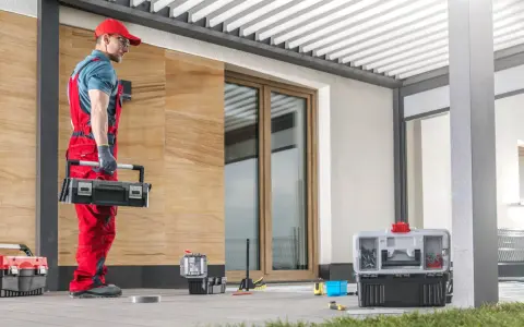 Handwerker mit Werkzeugkasten bereitet sich auf das vordach abdichten vor. Werkzeuge und Materialien liegen bereit.
