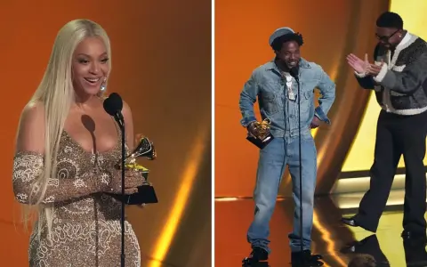 Kobieta z blond włosami i mężczyzna w dżinsowej kurtce odbierają nagrody. To moment z gali, gdzie ogłoszono nagrodę grammy: najlepsza piosenka roku.