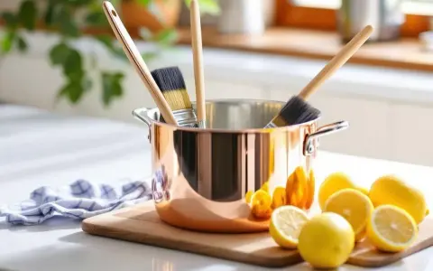 Ustensiles pour nettoyer le cuivre : une casserole en cuivre, des pinceaux et des citrons.