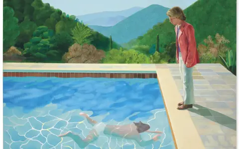 A man in a pink jacket looks down at another man swimming in a pool, a scene reminiscent of Barney Ebsworth's iconic style.