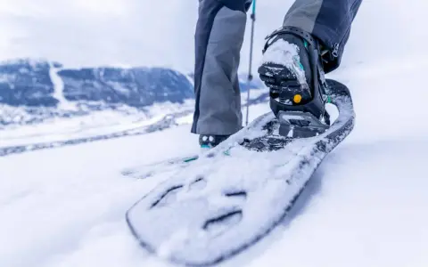 Piede con racchette da neve che affonda nella neve fresca, pronto per camminare in montagna.