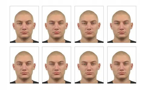 Osiem identycznych zdjęć młodej osoby z krótkimi włosami. Zastanawiasz się, ile kosztuje zdjęcie do dowodu?