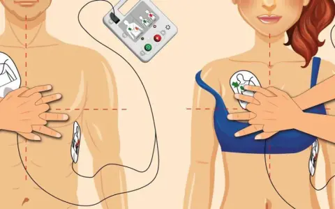 Instrukcja użycia defibrylatora serca. Elektrody przyklejane są do klatki piersiowej mężczyzny i kobiety, zgodnie z rysunkami.