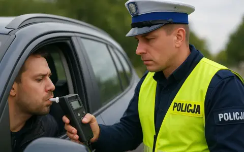 Policjant bada trzeźwość kierowcy alkomatem. Powyżej 0,5 promila jaka kara grozi za jazdę pod wpływem alkoholu.