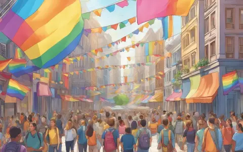 A vibrant street scene filled with people and rainbow flags, celebrating pride. This could be one of the gayest cities in Europe during a festival.