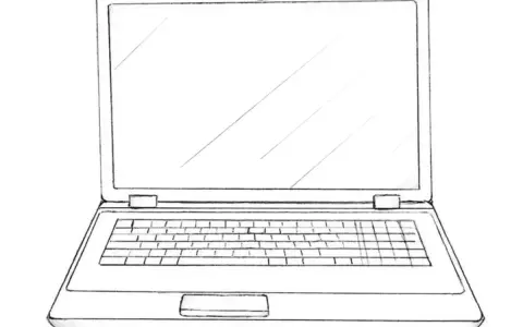 Szkic przedstawia otwartego laptopa z klawiaturą i ekranem. Prosty rysunek, jak narysować laptopa krok po kroku.