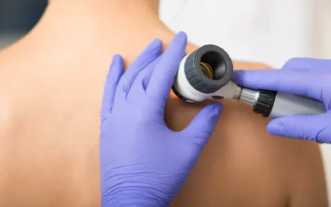 Dermatolog bada dużą ilość pieprzyków na plecach pacjenta za pomocą dermatoskopu.