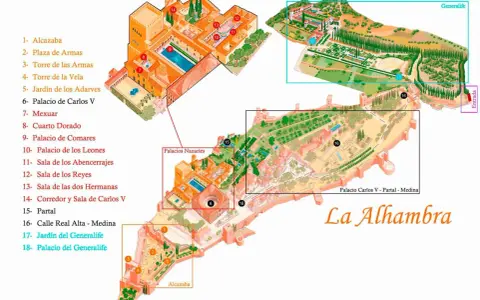 Detailplan der Alhambra in Granada. Zeigt die Alcazaba, die Nasridenpaläste und den Generalife-Garten mit nummerierten Sehenswürdigkeiten.