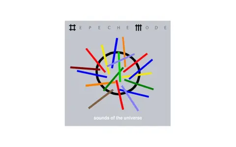 Kolorowe linie wirują wokół czarnego okręgu, tworząc wizualizację "sounds of the universe". Nad nimi logo Depeche Mode.