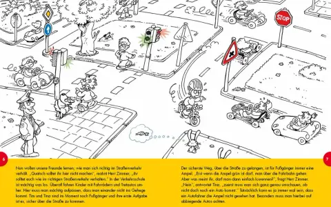 Kinder lernen im Straßenverkehr, wie sie sich richtig verhalten. Ein Polizist erklärt die Regeln, während Kinder mit Tretautos und Fahrrädern üben.