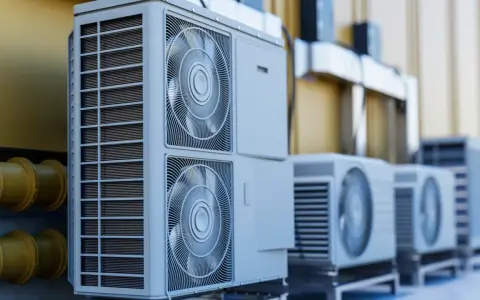 Unidades exteriores de aerotermia R290, con ventiladores y rejillas, alineadas junto a una pared amarilla y tuberías.