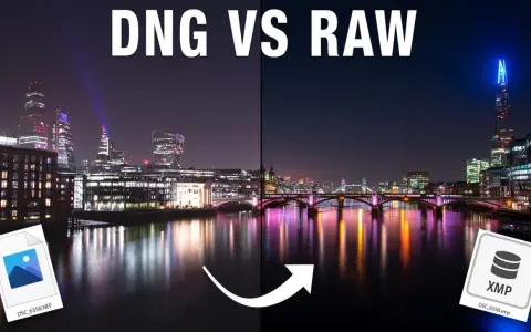 DNG vs RAW: nocny Londyn. Z lewej plik NEF, z prawej XMP. Porównanie formatów plików graficznych.