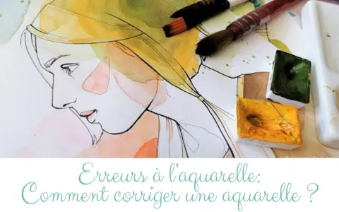Dessin d'aquarelle d'un profil féminin, avec des pinceaux et des pastilles de couleur.