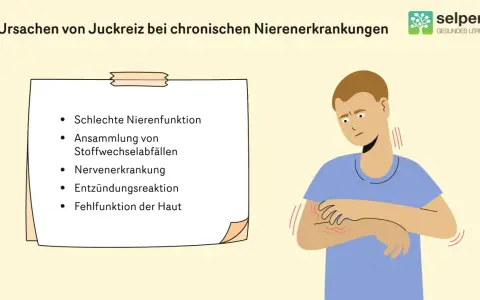 Mann kratzt sich am Arm, da er unter Juckreiz bei Niereninsuffizienz leidet. Ursachen sind schlechte Nierenfunktion, Stoffwechselabfälle, Nerven- und Hautprobleme.