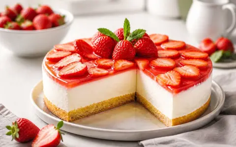 Eine köstliche Torte mit Fruchtspiegel, belegt mit frischen Erdbeeren und Minze. Ein Genuss für Augen und Gaumen!