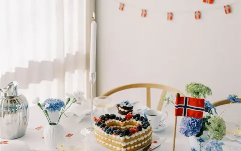 Festligt dukat bord med hjärtformad tårta, blommor och norska flaggor. Perfekt för firande med flaggor att skriva ut.
