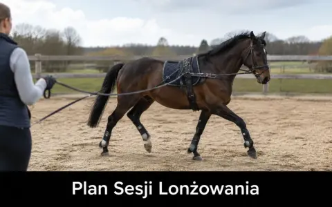 Trenerka lonżuje konia w czambonie na piaskowej ujeżdżalni. Koń ma na sobie siodło i ogłowie.