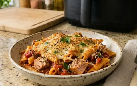 Un plato de macarrones con atún gratinados, con trozos de pescado y salsa de tomate, decorado con perejil fresco.