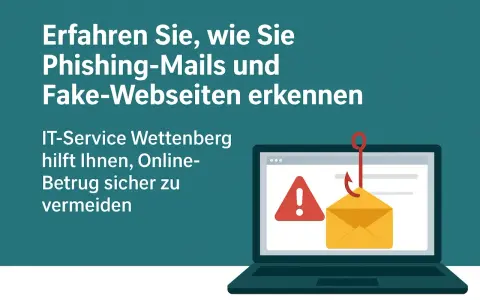 Schutz vor Social Engineers: Ein Laptop zeigt eine Phishing-Mail, die von einem Haken gefischt wird. IT-Service Wettenberg hilft, Online-Betrug zu vermeiden.