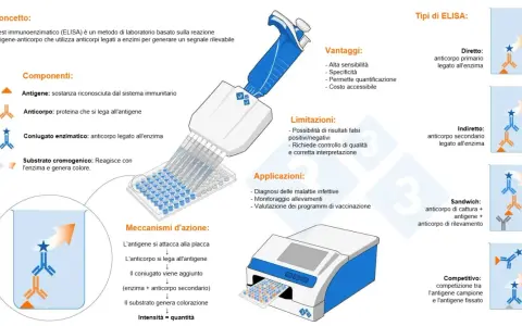 Schema del metodo ELISA: illustra componenti, vantaggi, limitazioni, applicazioni e tipi di test immunoenzimatico.