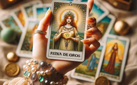 Mano sostiene carta "Reina de Oros", que significa la reina de oros en el tarot, rodeada de otras cartas y adornos dorados.