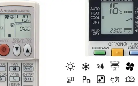 Mandos a distancia de aire acondicionado con varios símbolos. El mando de Mitsubishi muestra la temperatura y la hora. El otro mando muestra modos como AUTO, HEAT, COOL, DRY. Debajo, hay una fila de iconos que representan funciones del aire acondicionado.