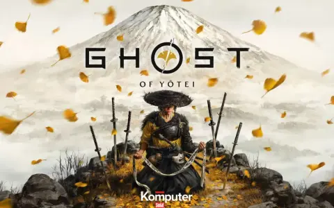 Samuraj w słomkowym kapeluszu, otoczony mieczami, pod górą Fudżi. Logo gry Ghost of Yotei PC.