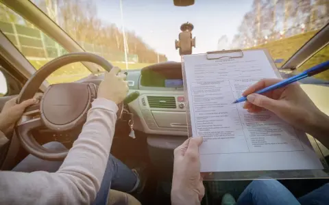 Egzamin na prawo jazdy. Kandydat trzyma kierownicę, a egzaminator zaznacza na liście kontrolnej różne kategorie prawa jazdy.
