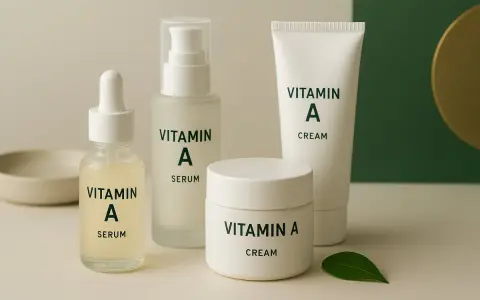 En samling hudvårdsprodukter med vitamin A, inklusive serum och krämer, för en strålande hud.