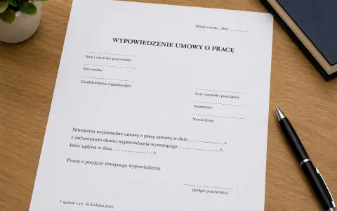 Dokument "Wypowiedzenie umowy o pracę" leży na drewnianym biurku obok długopisu.