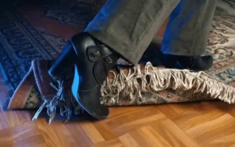 En fot med klacksko snubblar på en matta. En antiglidmatta hade kunnat förhindra detta.