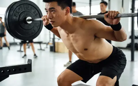 Un homme transpire en faisant un squat avec une barre chargée, un exercice clé pour un programme musculation prise de masse.