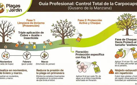 Guía para controlar la carpocapsa (gusano de la manzana) con tratamientos preventivos en invierno y protección activa en floración.