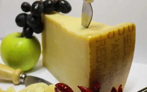 Ein Stück Parmigiano Reggiano mit Trauben, Apfel und Chilis. Verschiedene parmesan sorten sind hier schön arrangiert.