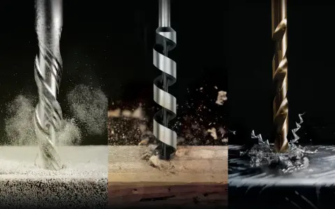 Trzy wiertła do metalu w akcji: jedno wierci w materiale, tworząc pył, drugie w drewnie, a trzecie w metalu, zostawiając wióry.