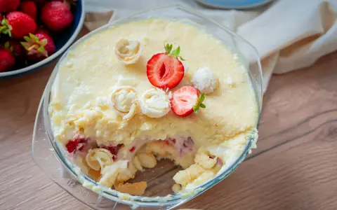 Cremiger Erdbeer-Dessert-Auflauf mit Biskuit und Kokosflocken. Tolle nachtisch ideen für den Sommer!